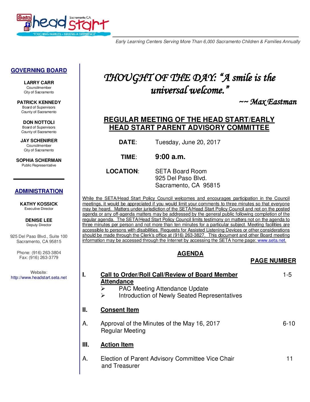 Head Start/Early Head Start Parent Advisory Committee 6/20/17