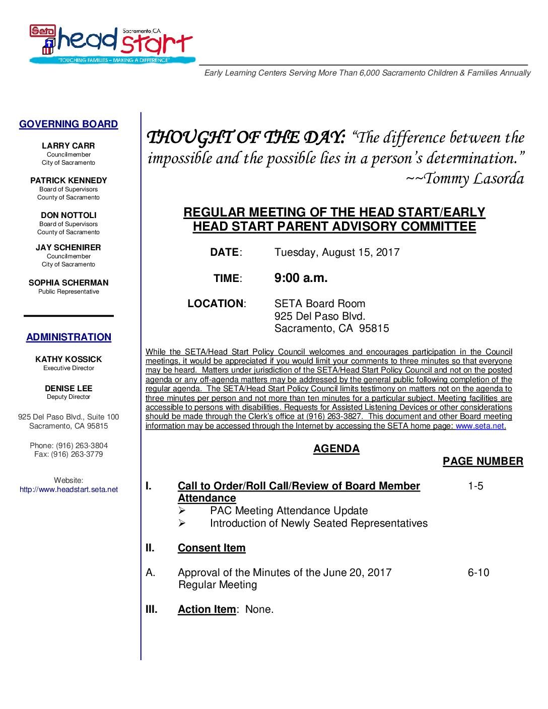 Head Start/Early Head Start Parent Advisory Committee 8/15/17