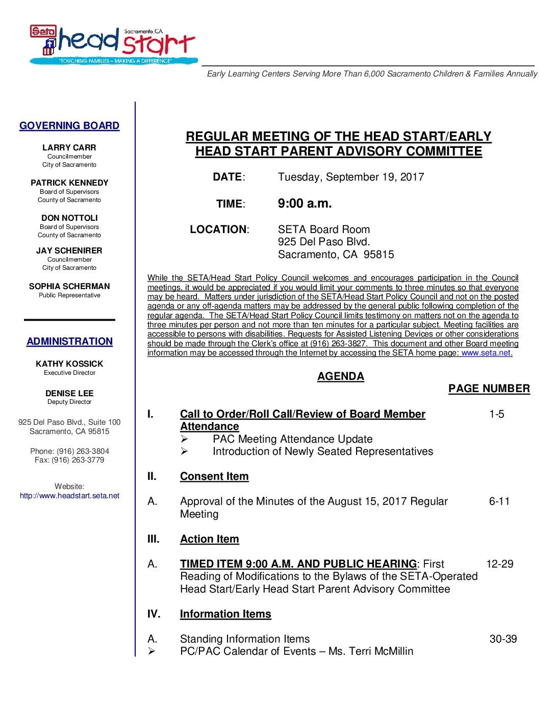 Head Start/Early Head Start Parent Advisory Committee 9/19/17