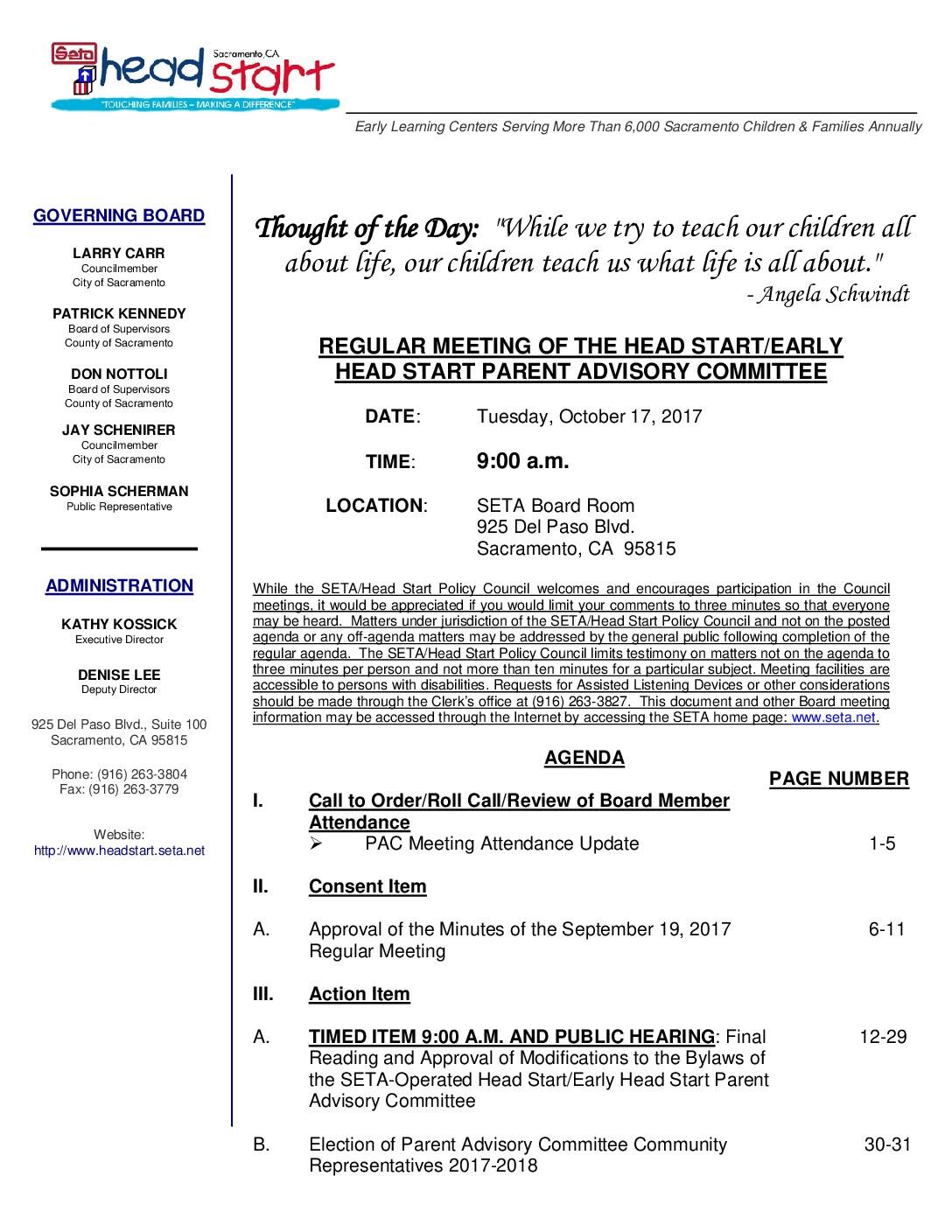 Head Start/Early Head Start Parent Advisory Committee 10/17/17