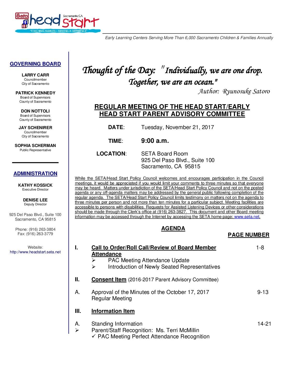 Head Start/Early Head Start Parent Advisory Committee 11/21/17