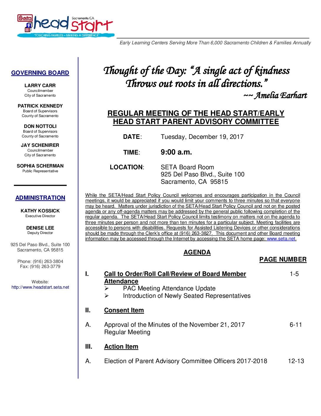 Head Start/Early Head Start Parent Advisory Committee 12/19/17