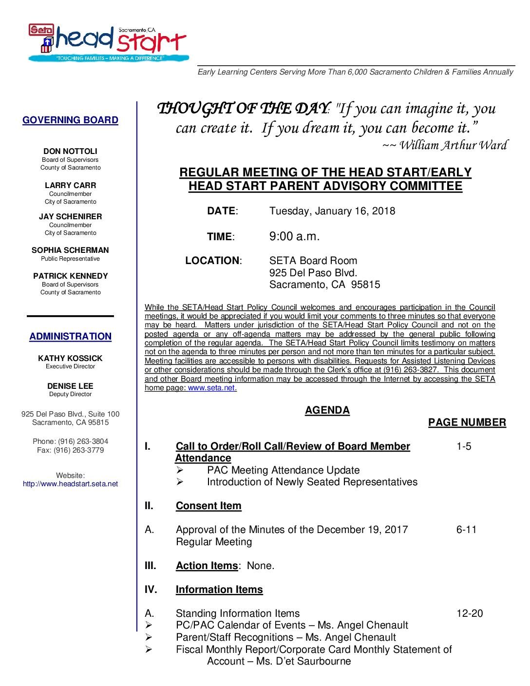 Head Start/Early Head Start Parent Advisory Committee 1/16/18