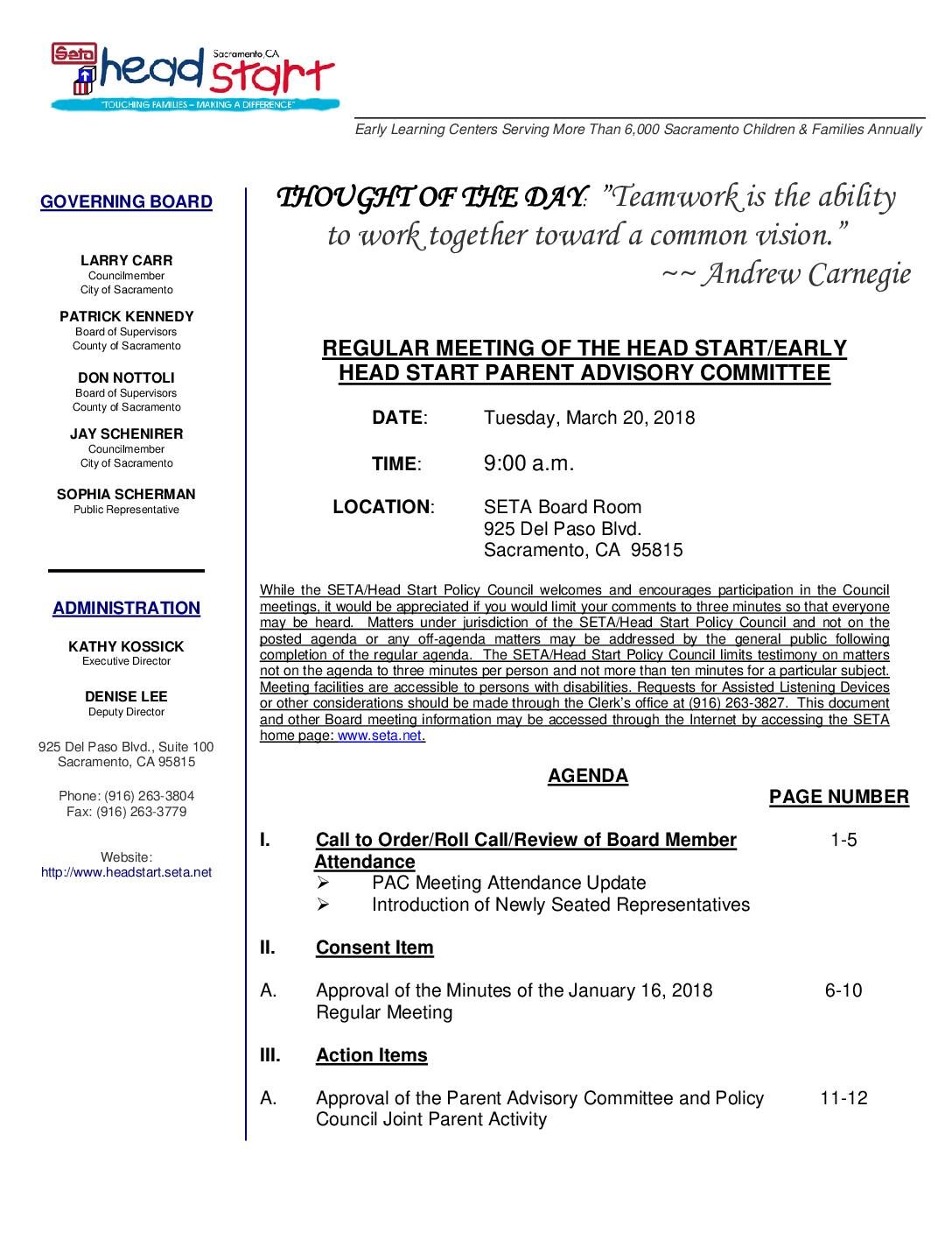 Head Start/Early Head Start Parent Advisory Committee 3/20/18