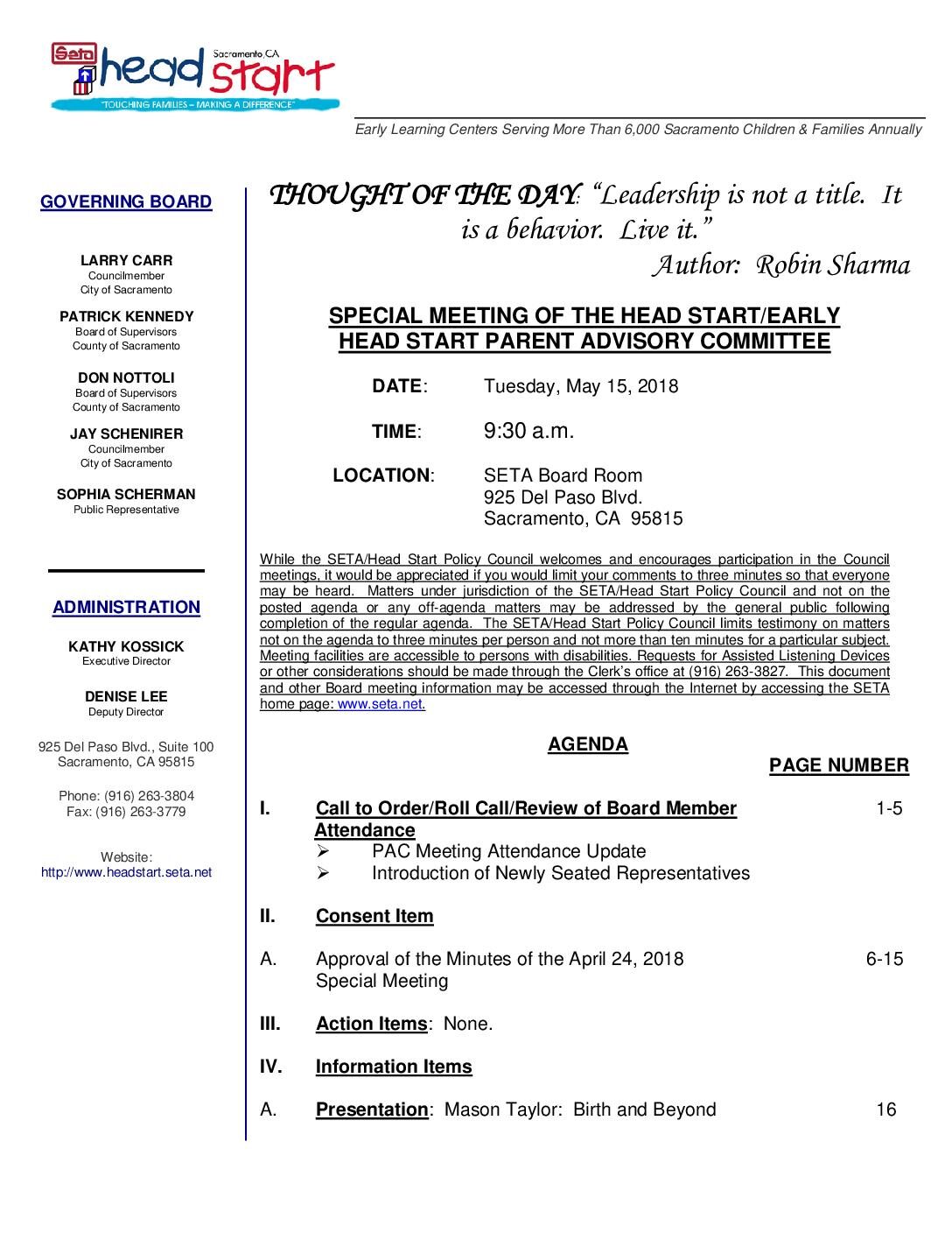 Head Start/Early Head Start Parent Advisory Committee 5/15/18