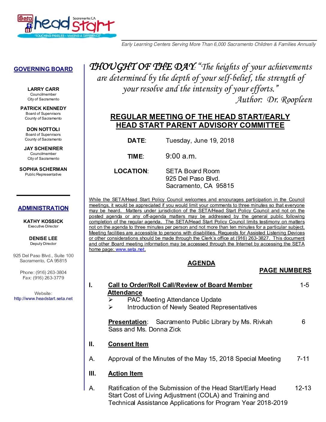 Head Start/Early Head Start Parent Advisory Committee 6/19/18