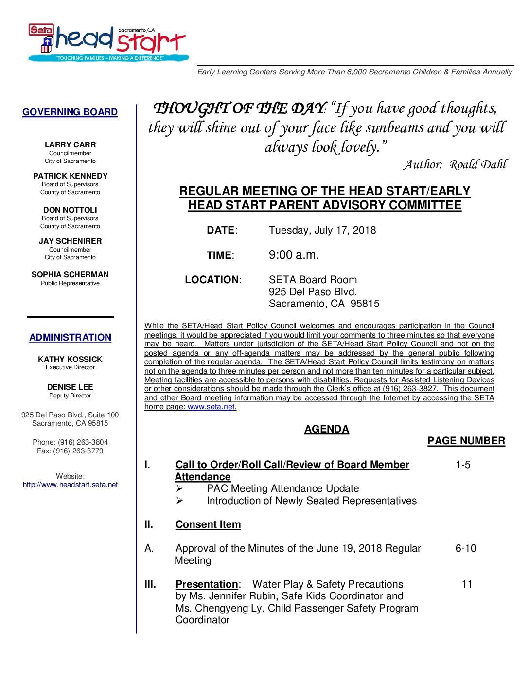 Head Start/Early Head Start Parent Advisory Committee 7/17/18