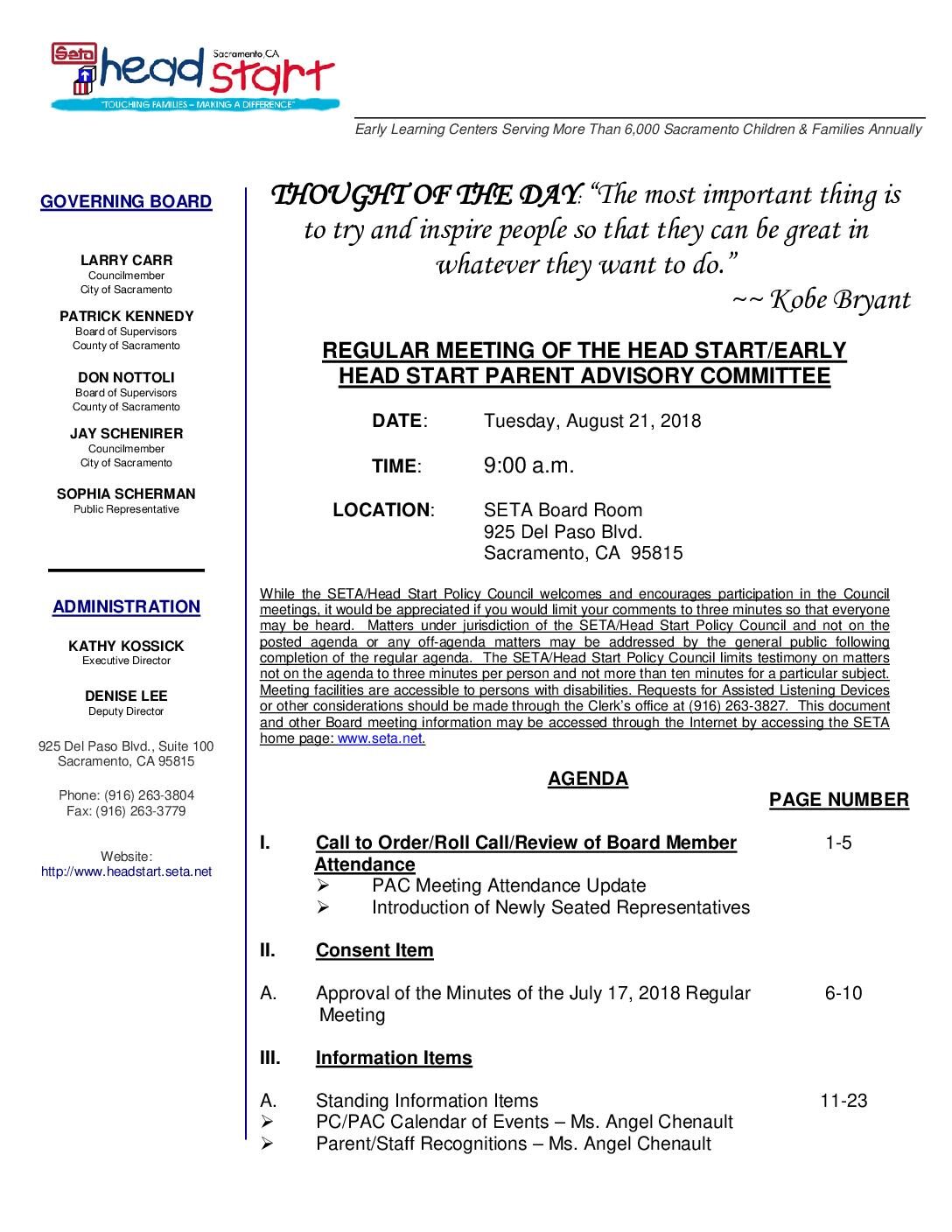 Head Start/Early Head Start Parent Advisory Committee 8/21/18