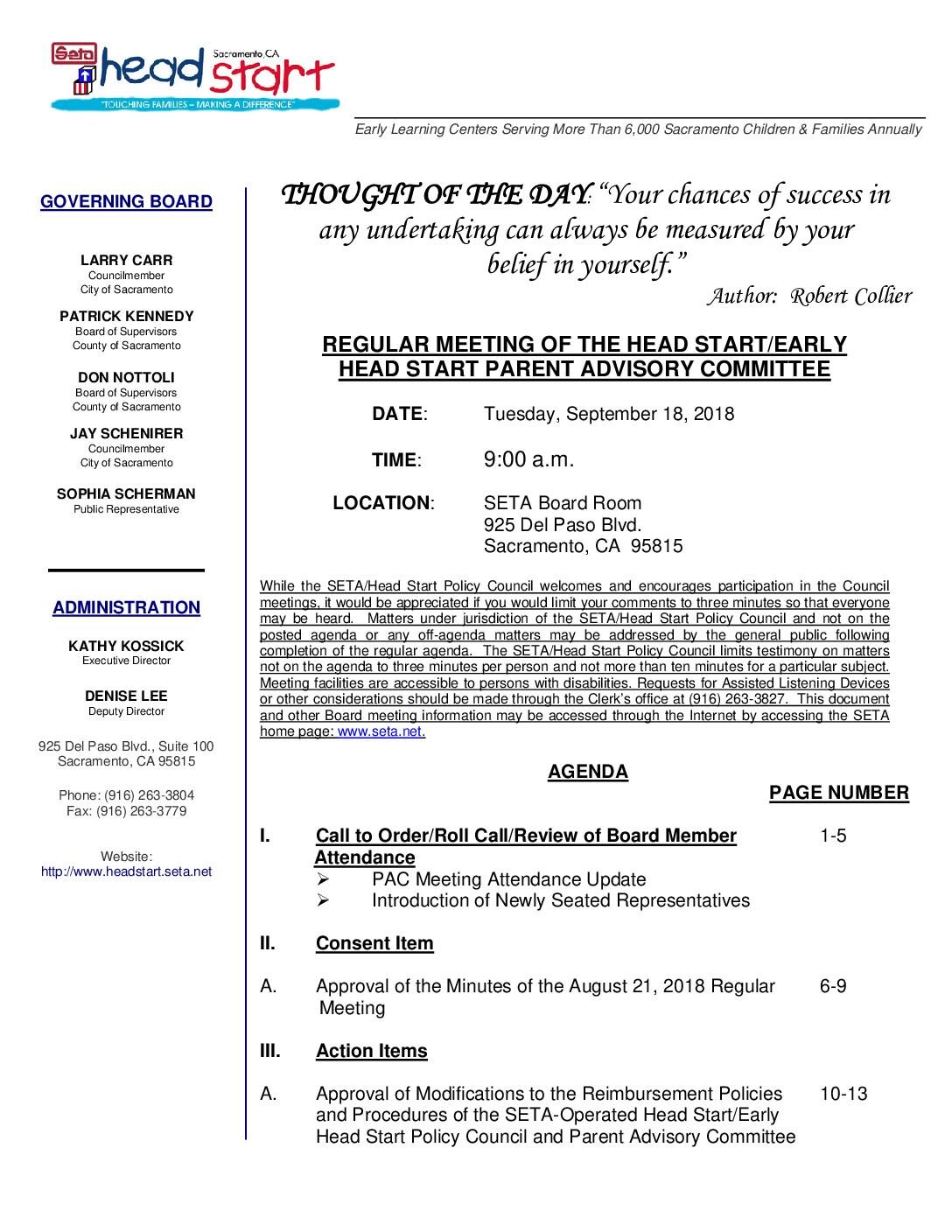 Head Start/Early Head Start Parent Advisory Committee 9/18/18