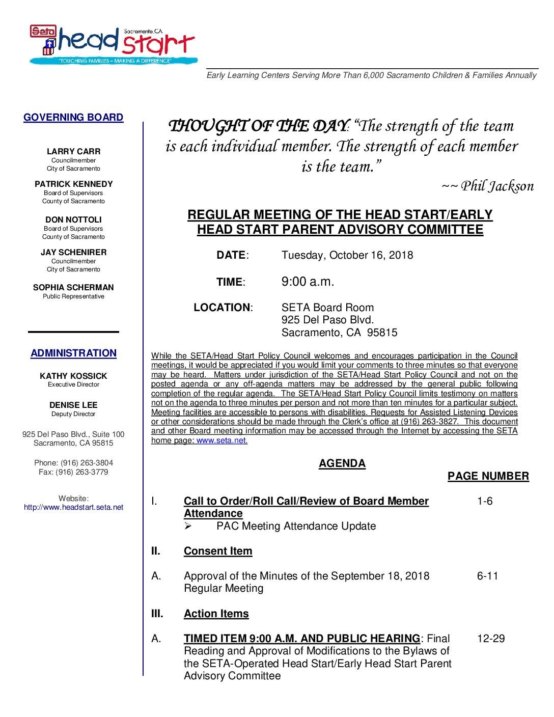 Head Start/Early Head Start Parent Advisory Committee 10/16/18