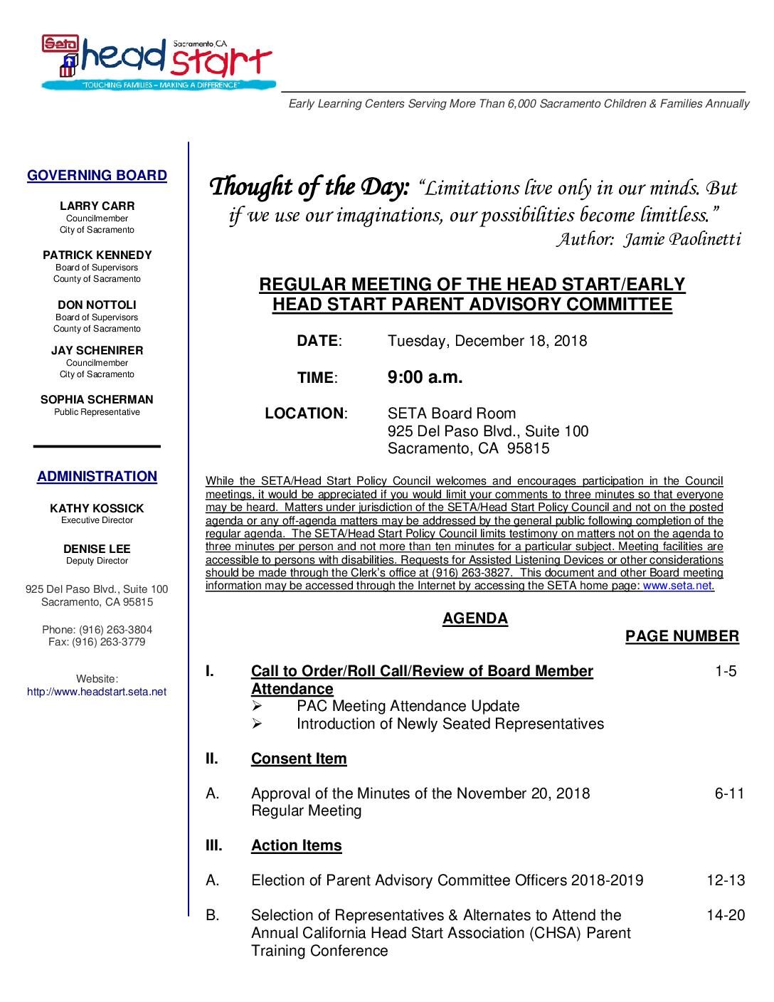 Head Start/Early Head Start Parent Advisory Committee 12/18/18