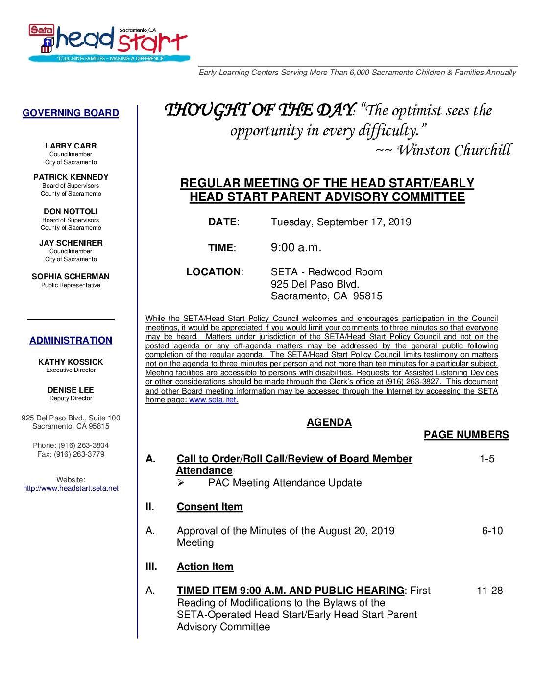 Head Start/Early Head Start Parent Advisory Committee 9/17/19