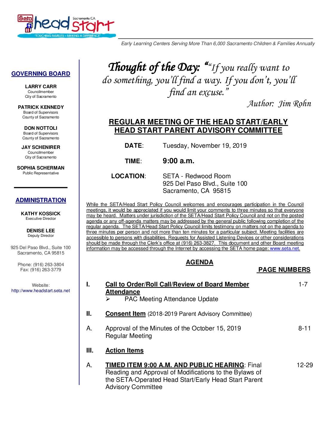 Head Start/Early Head Start Parent Advisory Committee 11/19/19