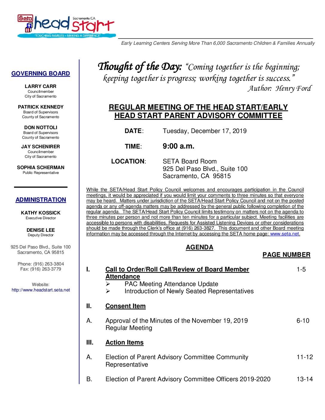 Head Start/Early Head Start Parent Advisory Committee 12/17/19