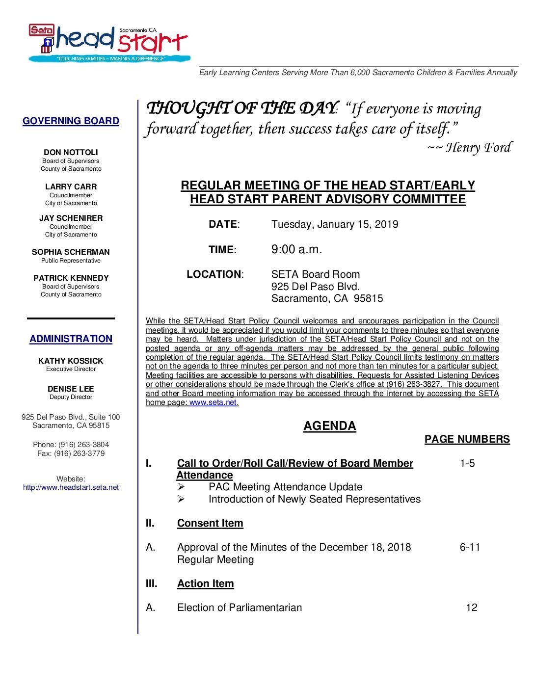 Head Start/Early Head Start Parent Advisory Committee 1/15/19