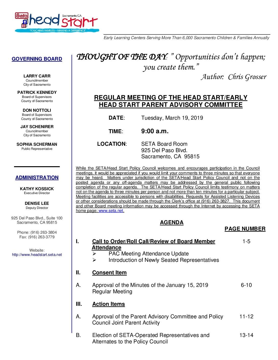 Head Start/Early Head Start Parent Advisory Committee 3/19/19