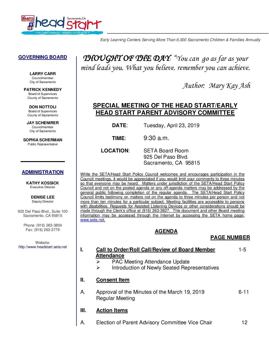 Head Start/Early Head Start Parent Advisory Committee 4/23/19