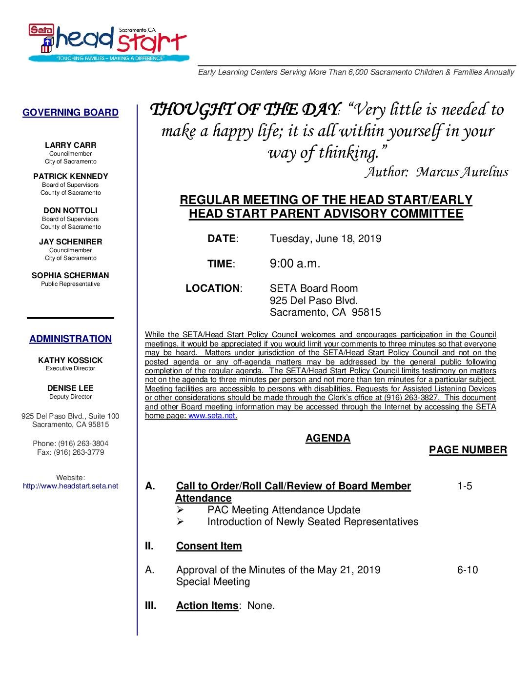 Head Start/Early Head Start Parent Advisory Committee 6/18/19