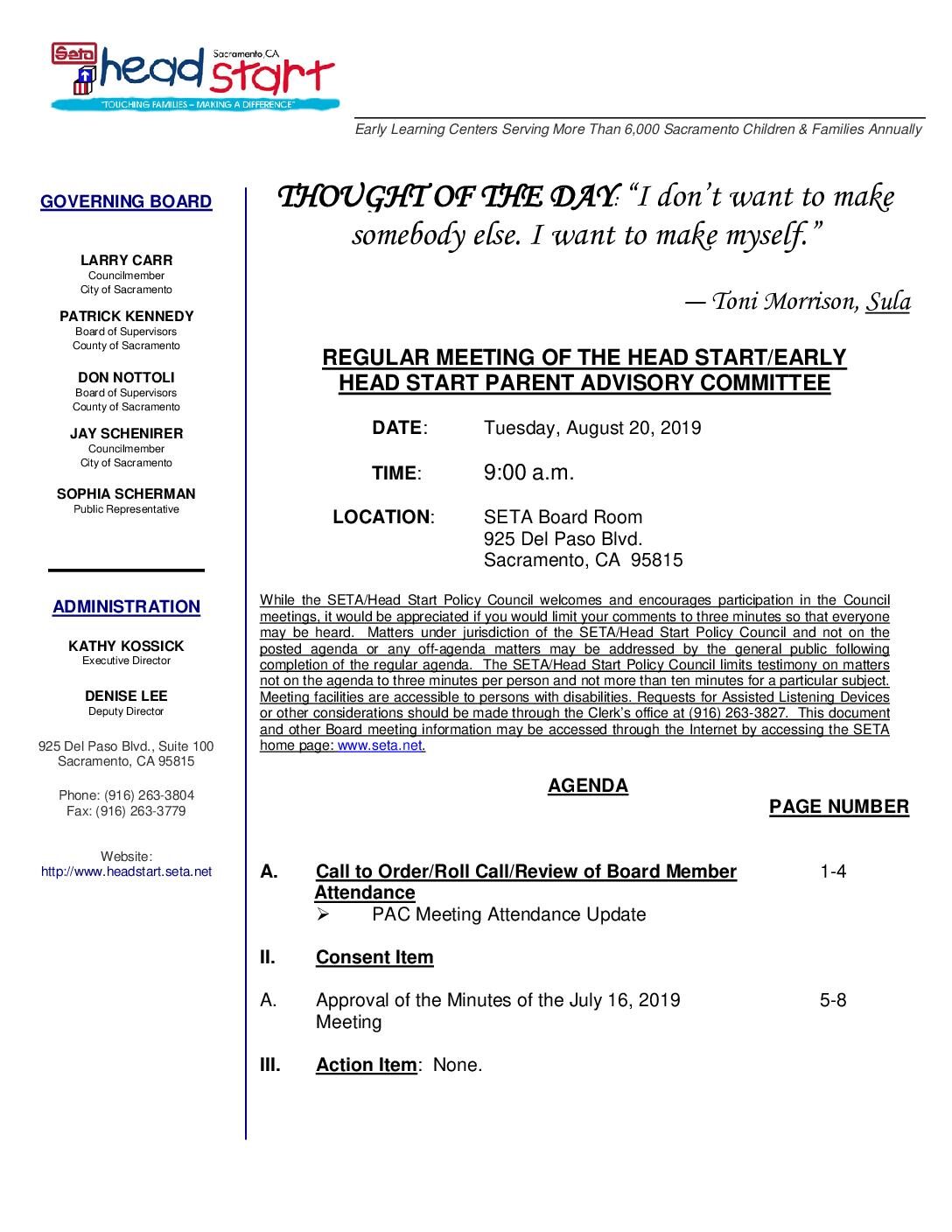 Head Start/Early Head Start Parent Advisory Committee 8/20/19