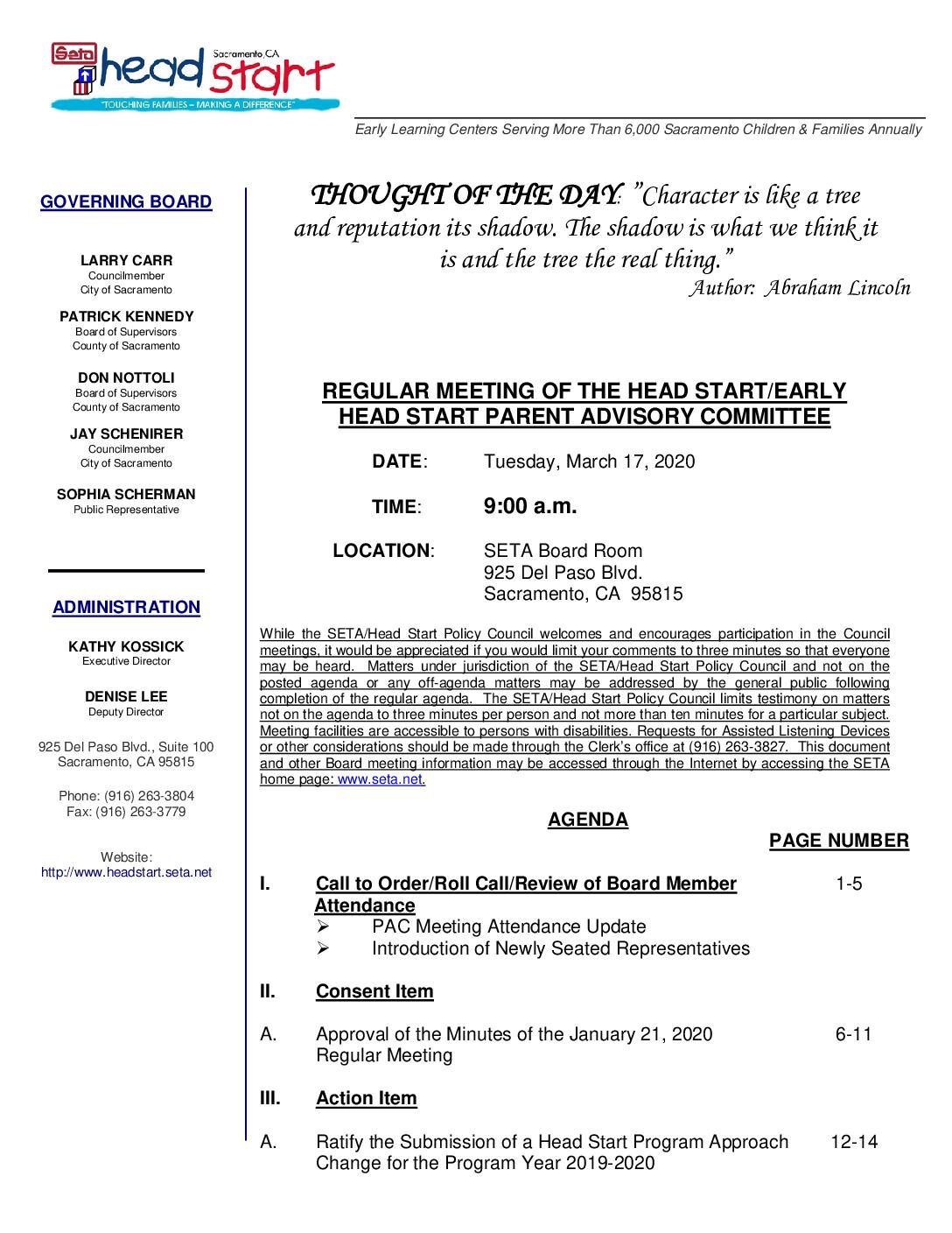 Head Start/Early Head Start Parent Advisory Committee 3/17/2020