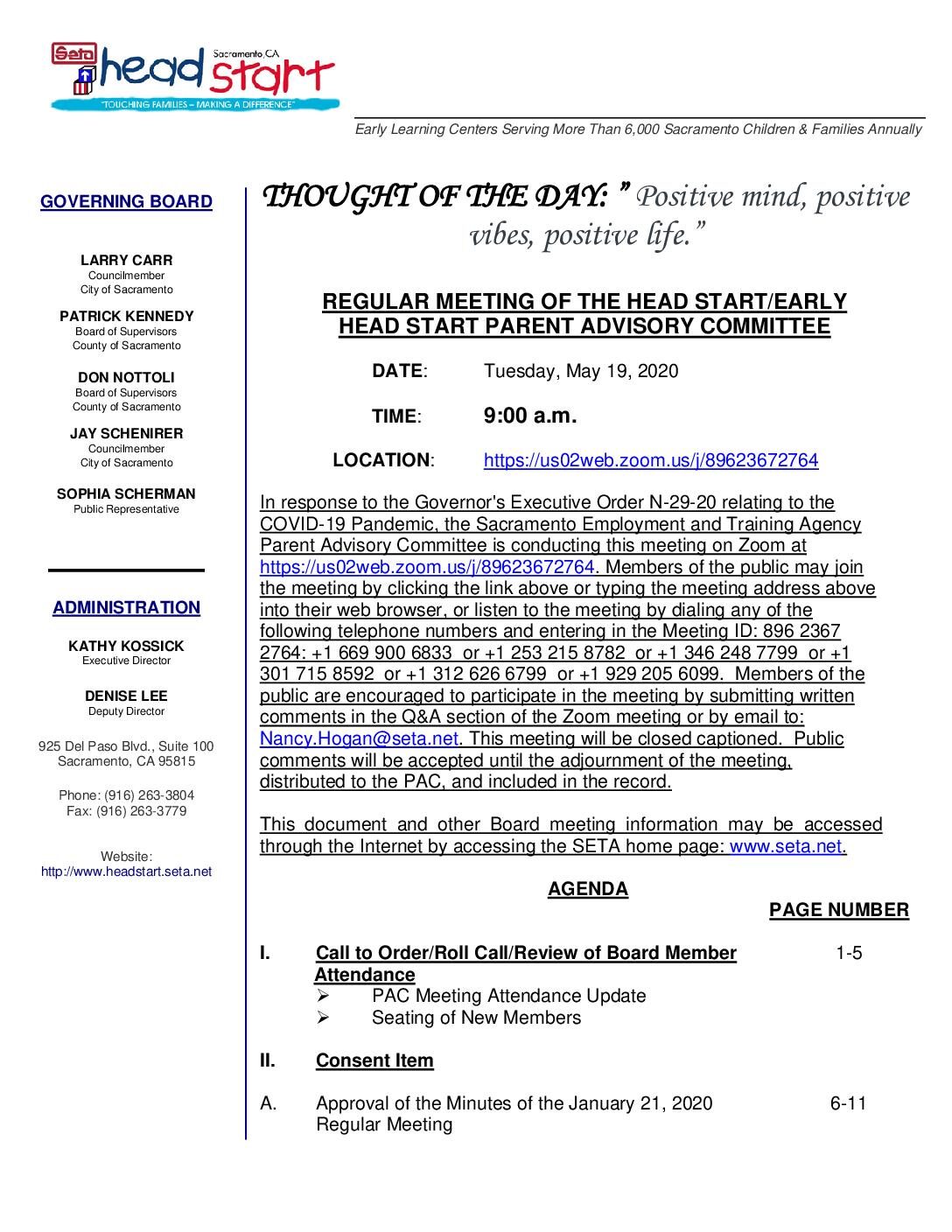 Head Start/Early Head Start Parent Advisory Committee 5/19/2020