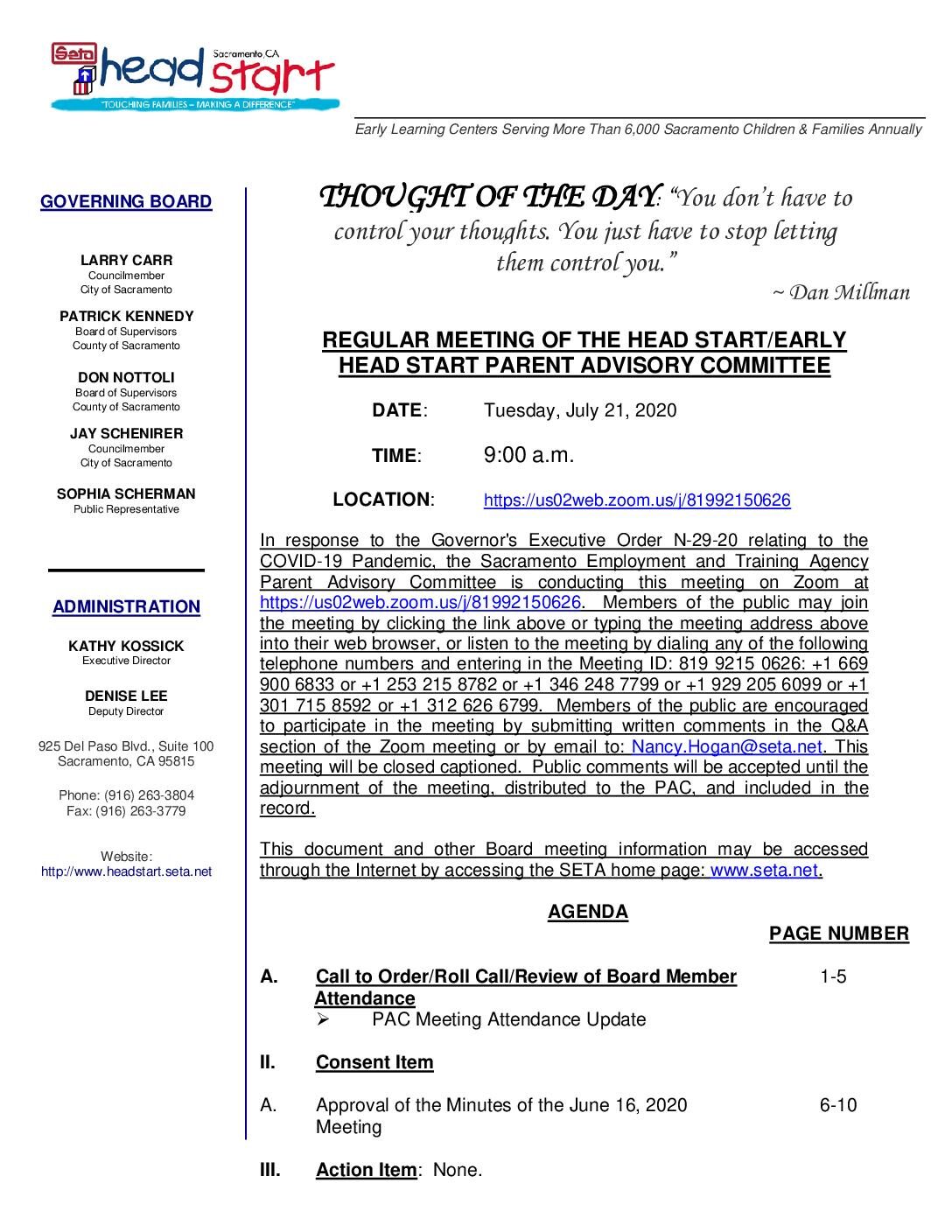 Head Start/Early Head Start Parent Advisory Committee 7/21/2020