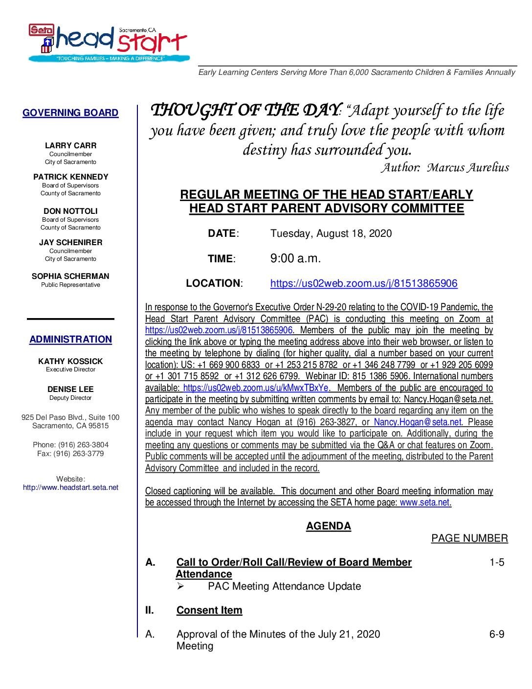 Head Start/Early Head Start Parent Advisory Committee 8/18/2020