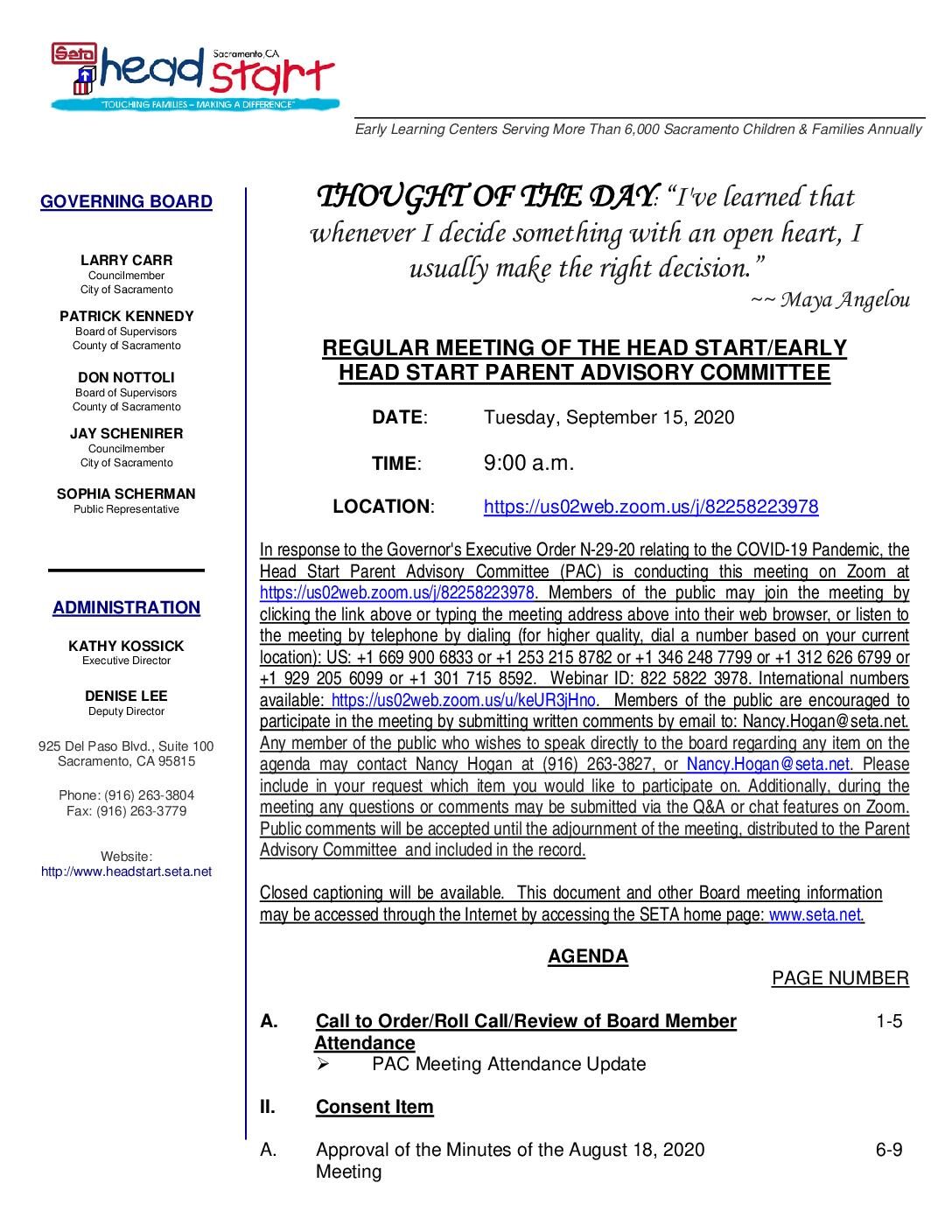 Head Start/Early Head Start Parent Advisory Committee 9/15/2020