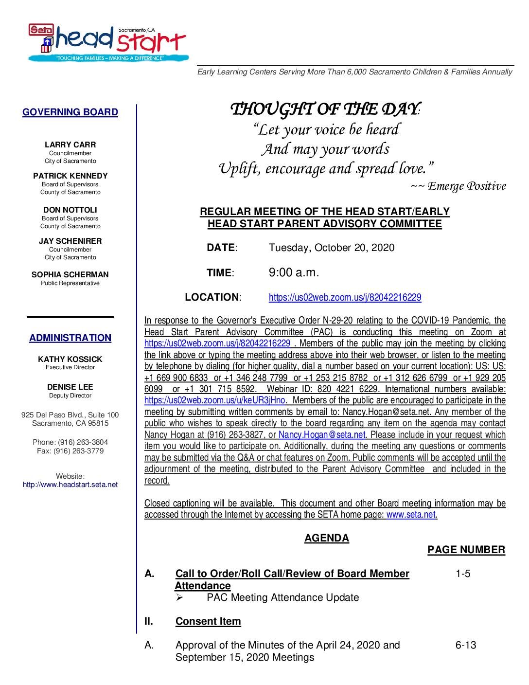 Head Start/Early Head Start Parent Advisory Committee 10/20/2020