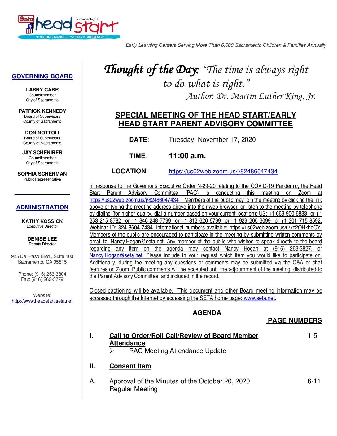 Head Start/Early Head Start Parent Advisory Committee 11/17/2020