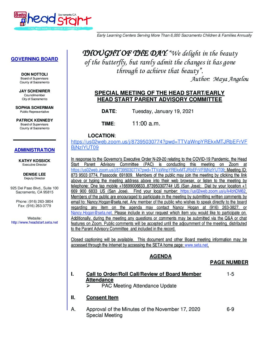 Head Start/Early Head Start Parent Advisory Committee 1/19/2021