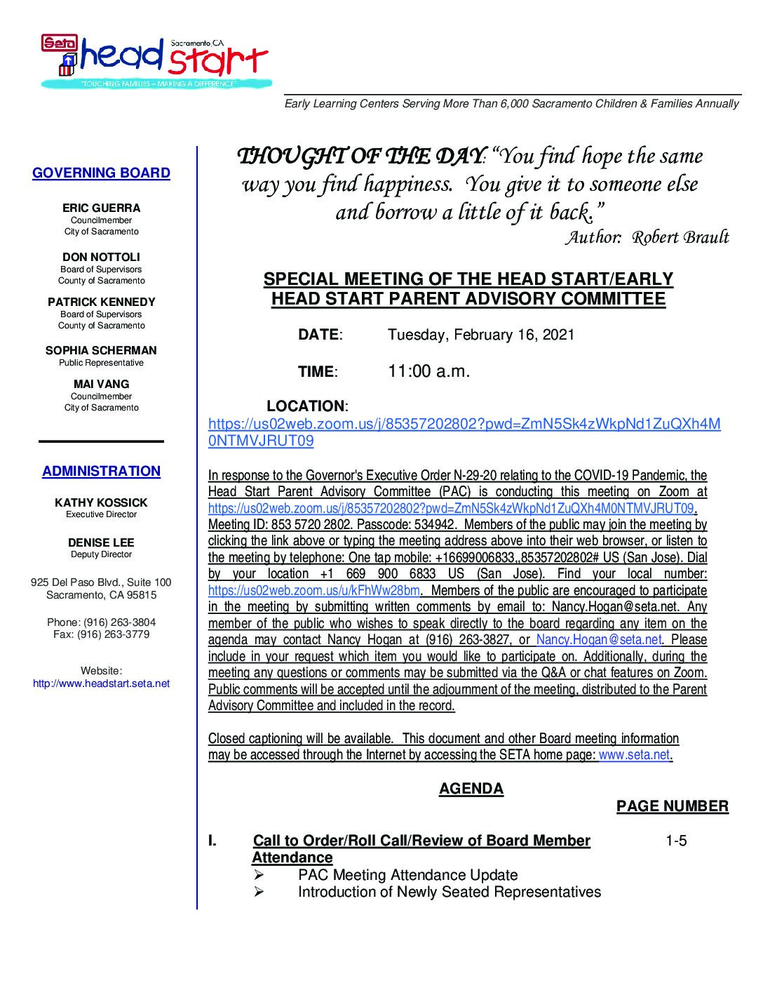 Head Start/Early Head Start Parent Advisory Committee 2/16/2021
