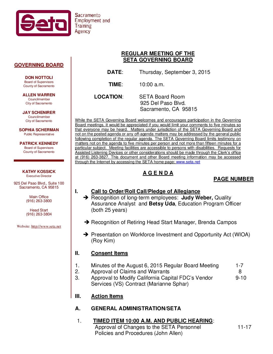 Regular SETA Governing Board 9/3/15