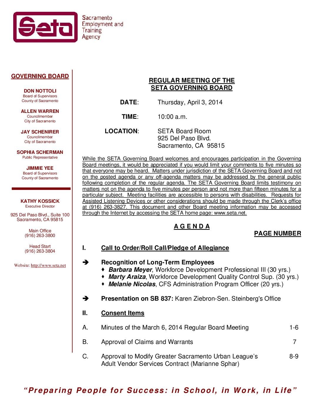 Regular Governing Board 4/3/14