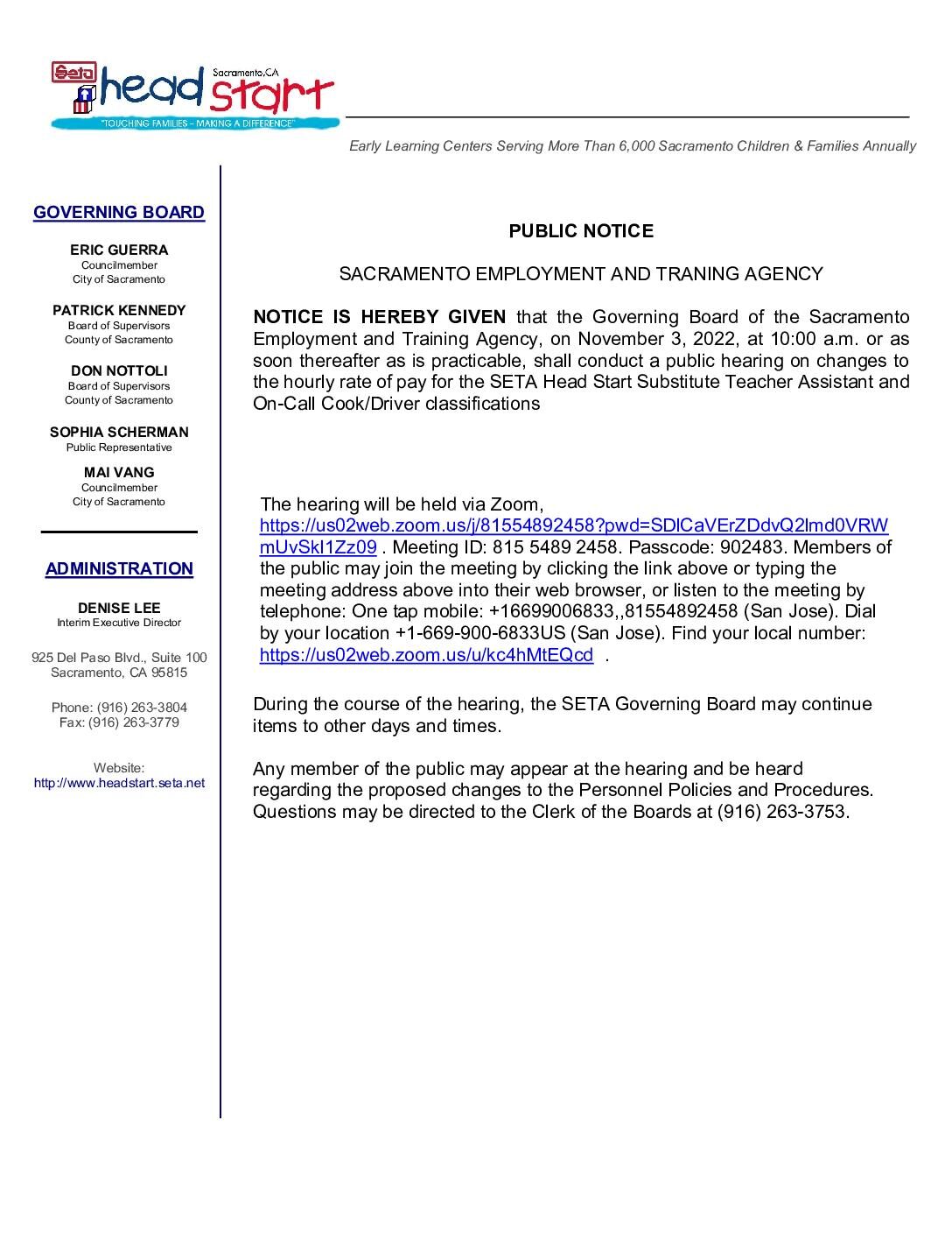 Public Notice – Head Start Salary Schedule Changes