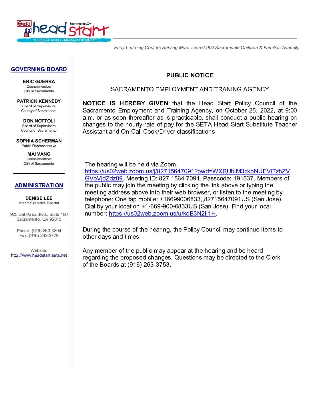 Public Notice – Head Start Salary Schedule Changes