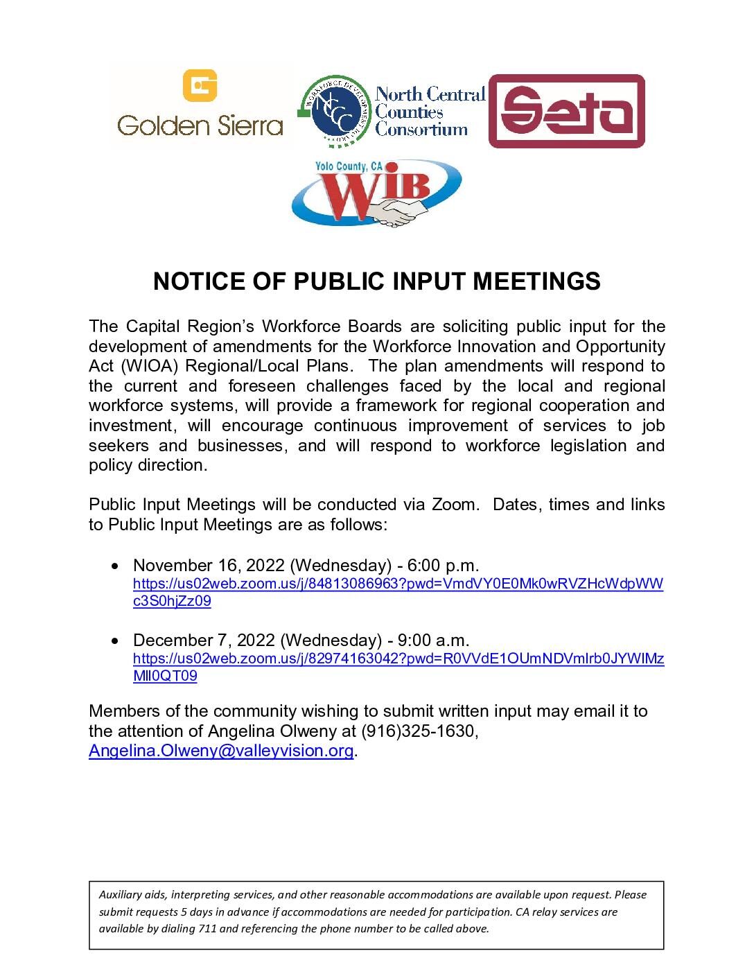 Public Notice – Input Meetings for Regional and Local Workforce Development Plan Updates
