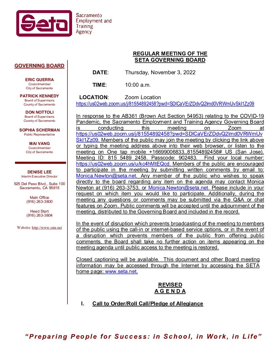 Revised Agenda – Regular Meeting of the SETA Governing Board 11/3/2022