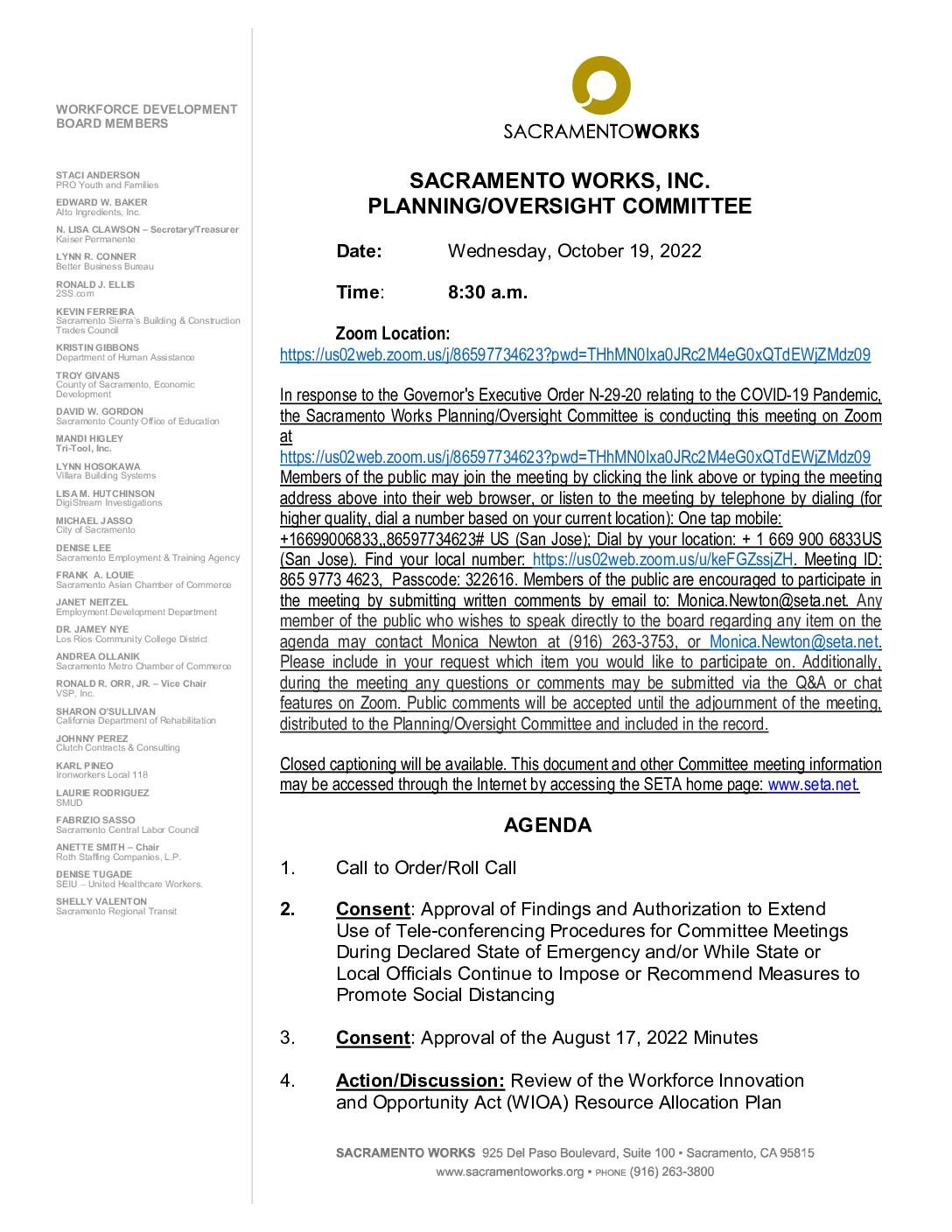 Sacramento Works Planning/Oversight Committee 10/19/2022