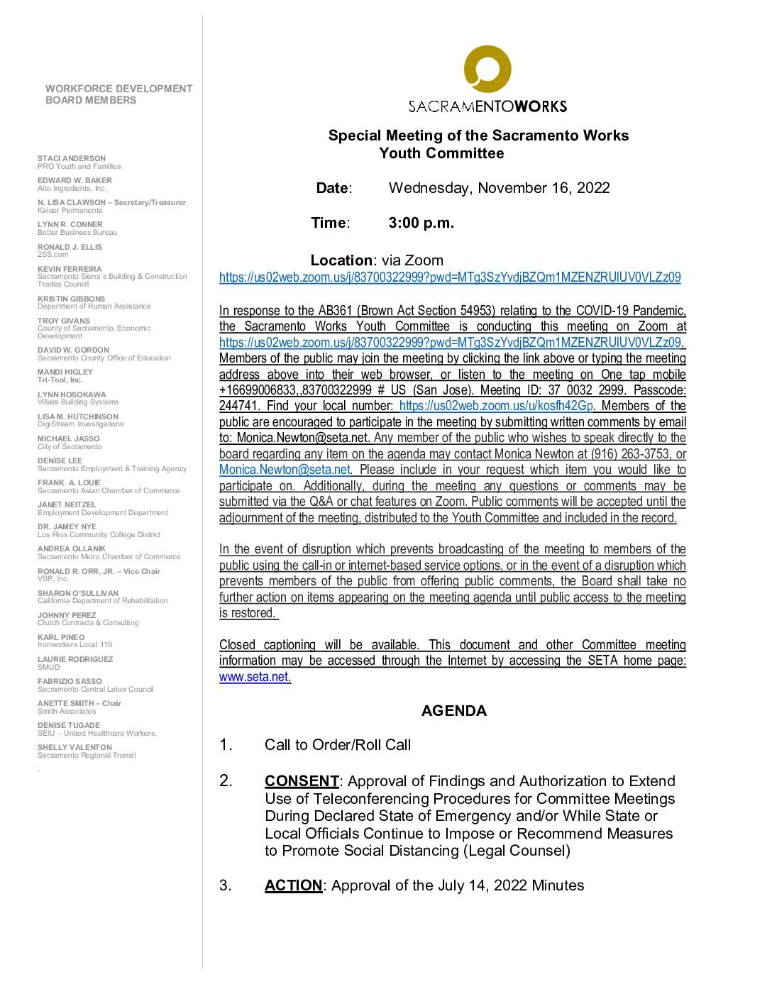 Special Meeting of the Sacramento Works Youth Committee 11/16/2022