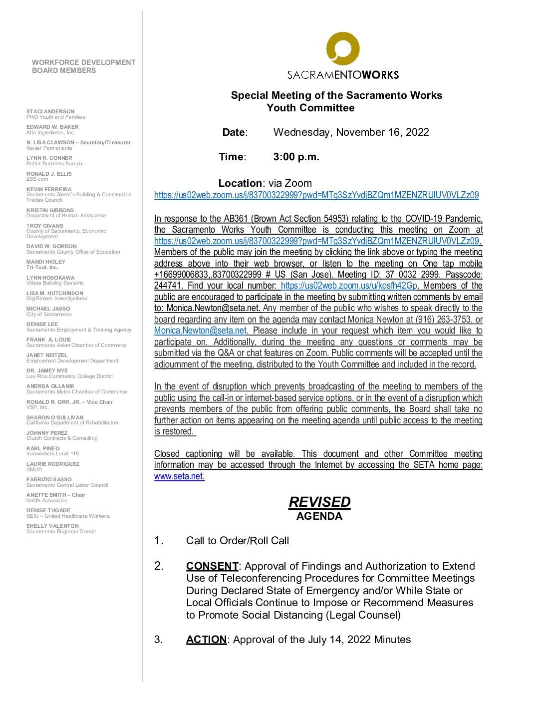 Revised Special Meeting of the Sacramento Works Youth Committee 11/16/2022
