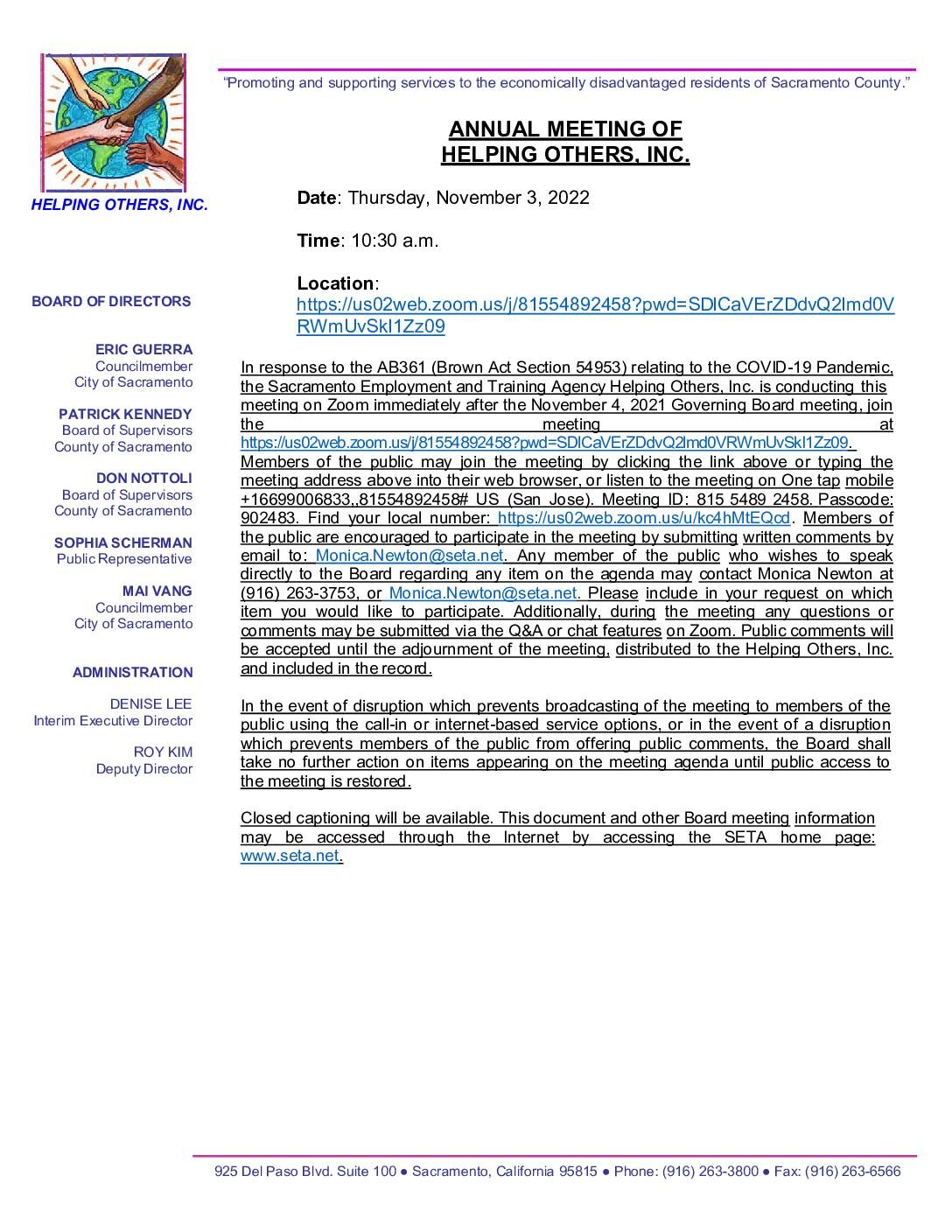Annual Meeting of Helping Others, Inc. 11/3/2022