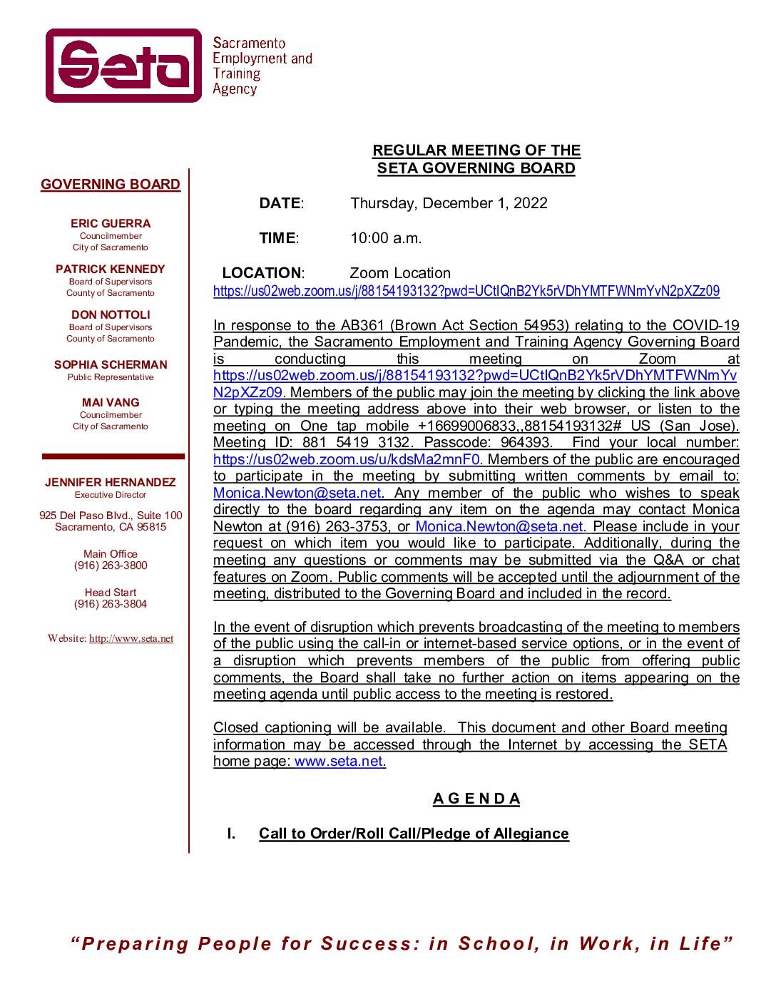 Regular Meeting of the SETA Governing Board 12/1/2022