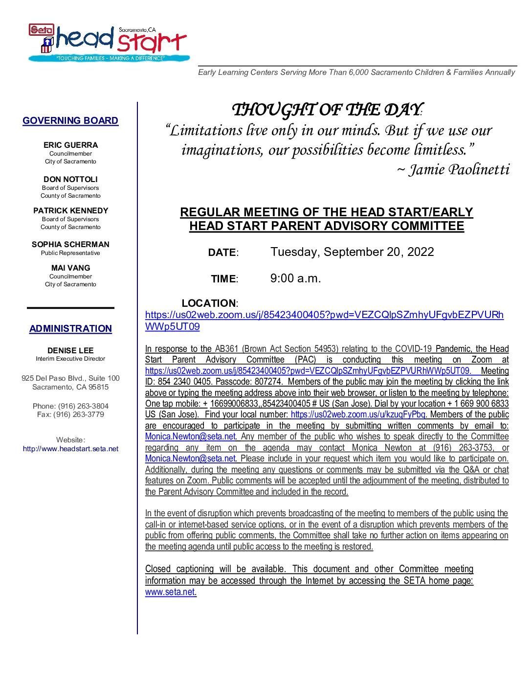 Head Start/Early Head Start Parent Advisory Committee 09/20/2022