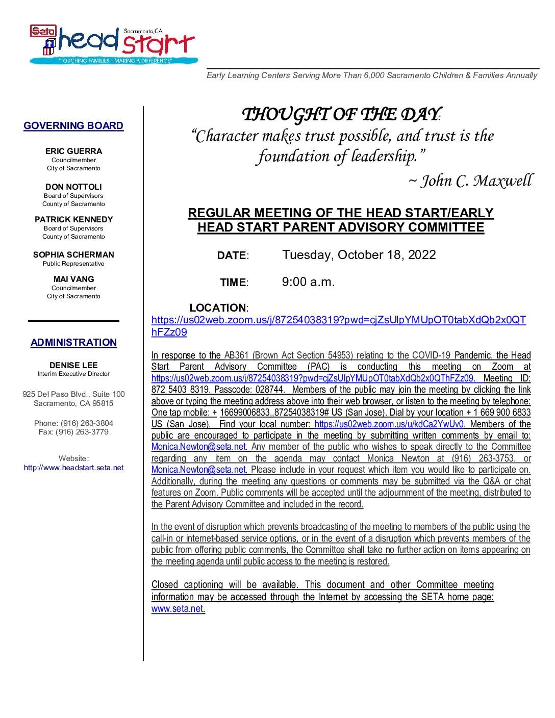 Head Start/Early Head Start Parent Advisory Committee 10/18/2022