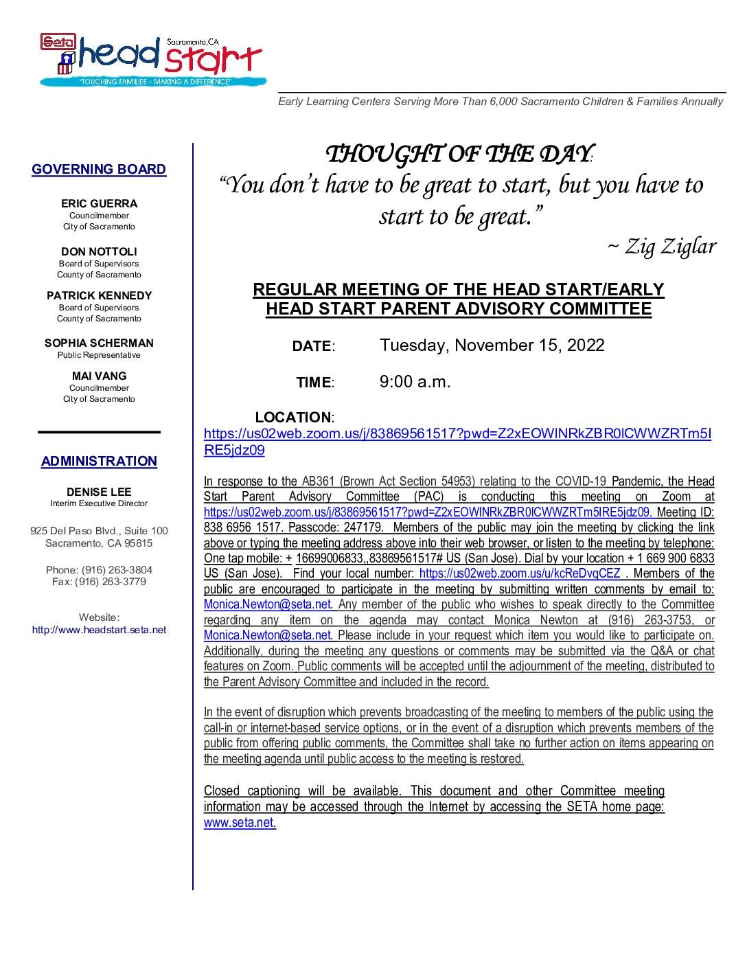 Head Start/Early Head Start Parent Advisory Committee 11/15/2022