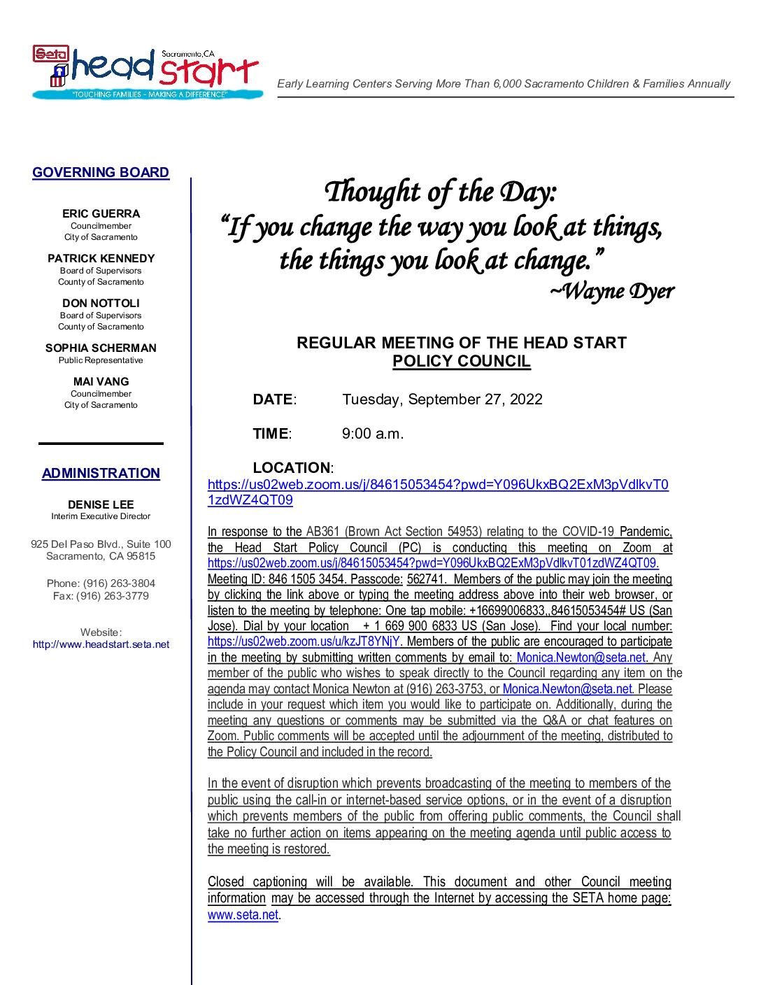 Head Start/Early Head Start Policy Council 09/27/2022