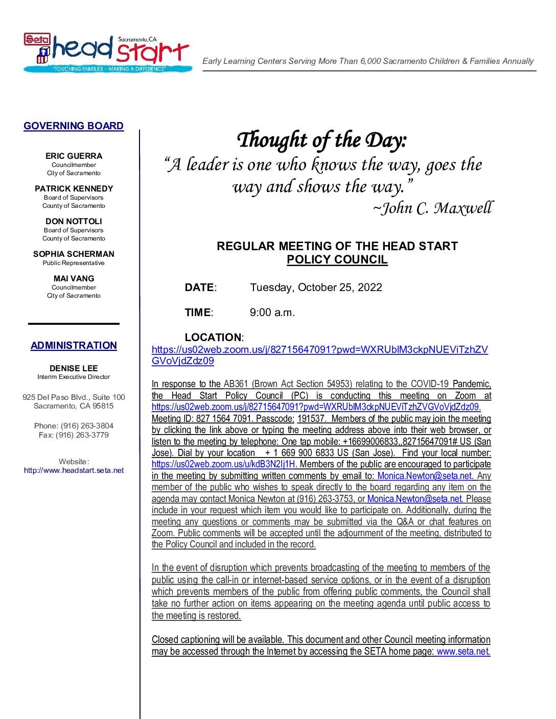Head Start/Early Head Start Policy Council 10/25/2022