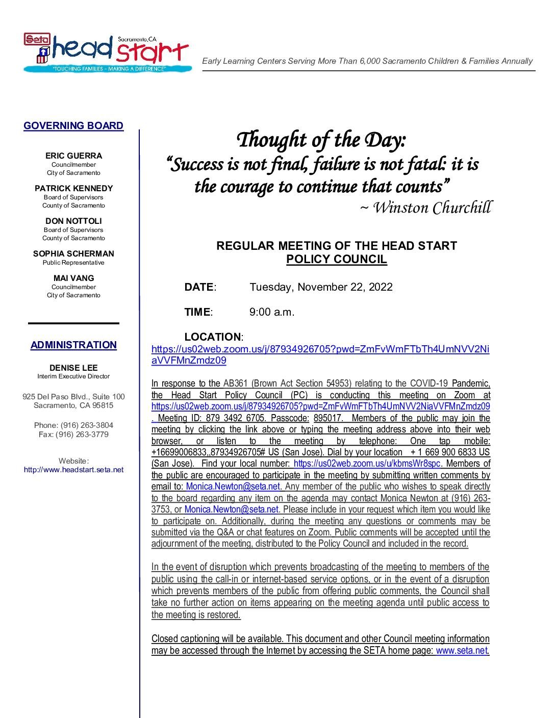 Head Start/Early Head Start Policy Council 11/22/2022