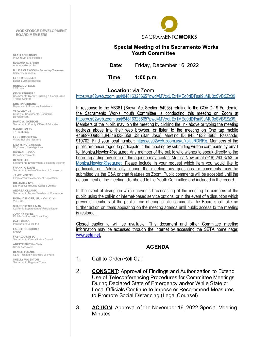 Sacramento Works Youth Committee / Special Meeting / 12/16/2022